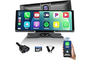 Hikity Wireless CarPlay Screen with Dashcam and 64GB TF 9.3 Inch IPS Portable Car Stereo with Wireless Android Auto Support FM Transmitter, Backup Camera, Bluetooth, AUX-IN, WDR, Voice Control