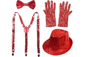 CARNAVALIFE Juego 4 de Tirantes Elásticos Pajaritas Ajustables Guantes y Sombrero de Copa de Lentejuelas Brillantes para Niños Disfraz de Fiesta Carnaval Halloween Navidad