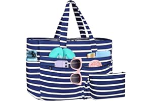 WACCET Bolsa de Playa Grande Mujer, Bolso de Playa Impermeable con Cremallera Bolso Playa Grande XXL Familiar 50L Plegable y Ligero Bolsa de Mano con Múltiples Bolsa Tote para Playa, Viajes, Piscina