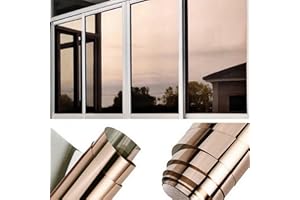 QOQIDUN One Way Window Film Heat Reflective Privacy Self Adhesive for Glass Windows, Anti Glare UV Sun Blocker Mirror Window Tint Film for Home and Office (Brown-Silver, 90x400cm)