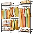 Solerconm Wall Mounted Garment Rack, Heavy Duty Clothes Rack with 2 Expandable Rods, Metal Clothing Rack with 4 Rails and 6 Shelves, Adjustable Clothes Rack (Black, 240 x 30 x 220 cm)