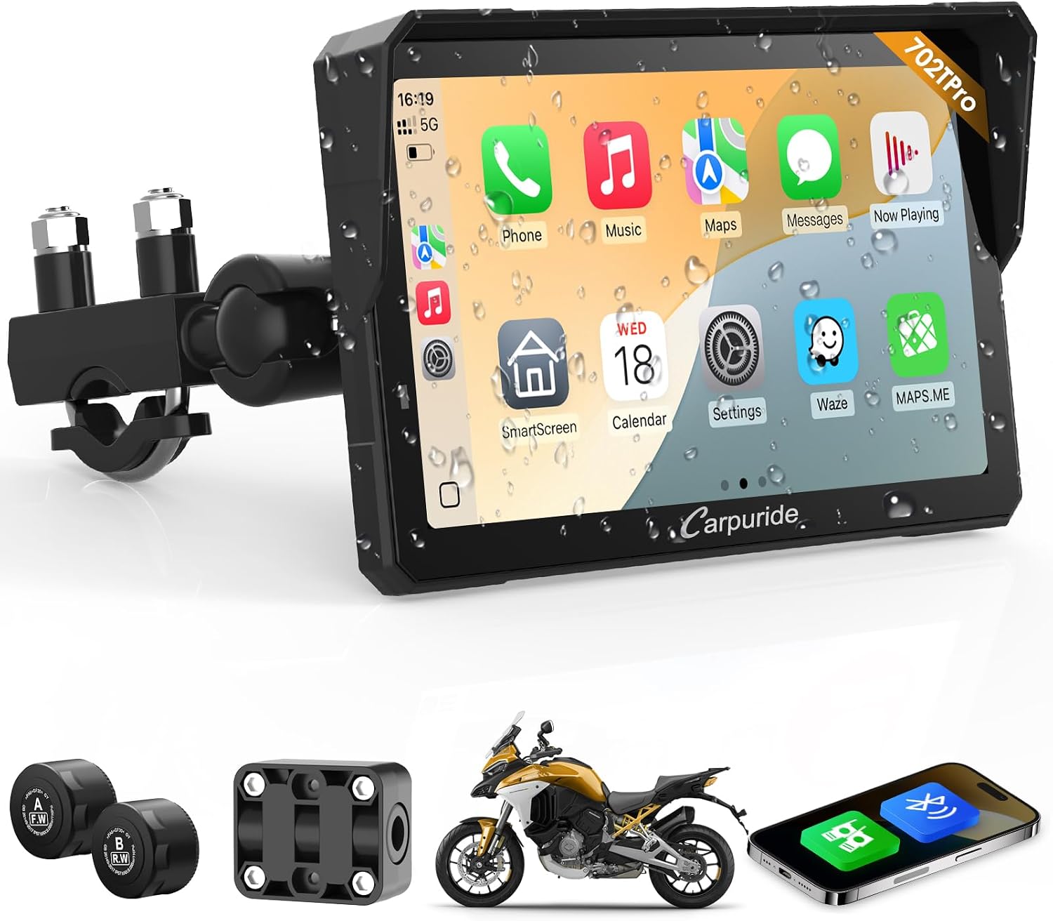 Carpuride W702T Pro Motocicleta Carplay Pantalla con TPMS Sistema, Inalámbrico CarPlay y Android Auto, 7" Impermeable Táctilpantalla, Dual Bluetooth, Intercomunicador Función, Nav, Brújula, Barómetro.