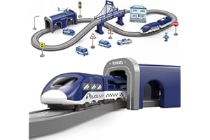 XIAPIA Railway Learning Educational Toys, Train Sets for Kids Boys Girls Age 3 Years Up, 66 Pcs Electric Track Accessories Car Set Christmas Xmas New Year Gifts (blue police)