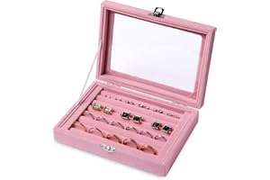 Frebeauty ringar/örhänge organiseringsbricka med klart lock, 7 fack, ringlåda, sammet, ringhållare, låda, insats, smycken, förvaringsbox, smycken, visningsfodral, smyckeskrin, present till kvinnor och