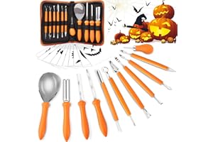 Alintor Kürbis Schnitzset, 11 Stück Schnitzwerkzeug Kürbis, Kastanienbohrer Kinder, Kürbis Schnitzset Kinder, Halloween Schnitzen Set (10 Vorlagen)