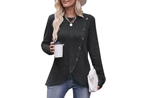 Jabeiyou Haut Femme Col Rond Automne Hiver Chic et Elegant Chaud Brossé Manche Longue Pull Casual Long Chemise Bouton Décoratif Tee Shirt Basique Top Taille S-XXL