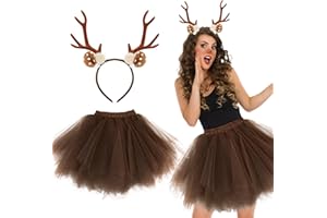 BOFUNX 2pcs Traje Disfraz Navidad de Ciervo Falda de Tul+Diadema con Cuernos Orejas de Reno Set de Accesorios Navideño para Disfraces Cosplay de Animal Carnaval Halloween Fiesta para Niñas Mujeres