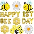 Finypa Happy 1st Bee Day Balloon Bee Themed Birthday Party Decorations, Happy Bee Day Balloons Banner, Yellow Bee Foil Balloons Daisy Mylar Foil Balloons for Boys Girls Happy 1st Bee Day Decoration