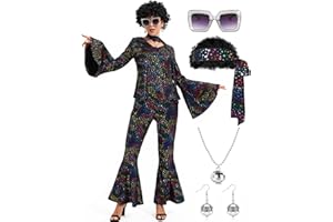 Ragelion Women's Disco Outfit, 60s 70s Outfit for Halloween Party with Top Trousers Accessories
