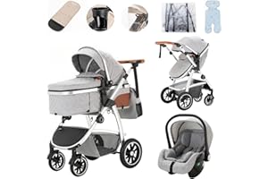 Lnhcrbs Baby Stroller 3 in 1 with Car Seat, Travel Stroller with Adjustable-Height Push Handle, Baby Stroller for Babies 0-4 Years Old with Mosquito Net Mummy Bag Bottle Holder
