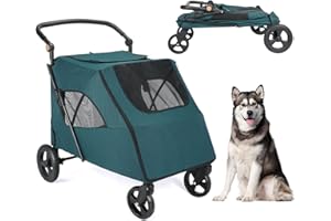AESRAOU Dog Travel Stroller with 4 Heavy Duty Wheels, Pet Stroller with Adjustable Handle - Large Capacity Jogger Wagon with Back Front Door for Small Medium Large Dogs Outdoor (Dark Green)
