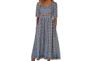 ABYOVRT Damen Kleider Lose Sommerkleid Lang Freizeitkleid Bohe Midikleid für Rundhals Strandkleid Blumenkleid Midi Kleid mit Taschen, S-XXL