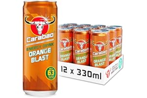 Carabao Energy Drink Orange Blast, 12 x 330ml Cans Case, Low Calorie, Lower Sugar, Fizzy Fruit Flavour, Vegan, Gluten Free Drink, B Vitamins, Taurine, Caffeine with Zero Crash, Bulk Crates, Multipack