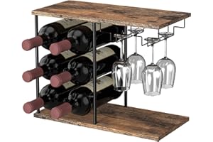 Shinoske Botellero de Mesa para 6 Botellas, de Metal, Independiente de 3 Niveles con Colgador para Copas de Vino, para Cocina Comedor Bar, Marrón Rústico