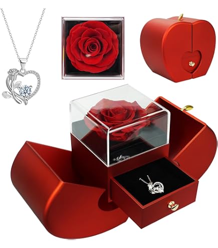 Vegena Scatola Con Rosa Eterna Rossa E Cassetto Portagioie - Regalo Di Compleanno Per Donne, San Valentino, Anniversario, Diametro Rosa 8 Cm, Confezione Regalo Con Fiocco Magnetico