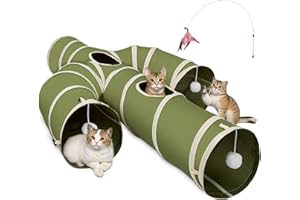 Ownpets Cat Tunnel, Larger Cactus Shape Pet Tunnel with Sturdy Oxford Fabric, Foldable and Resistant to Tearing, Featuring Multiple Exits, Hanging Ball and Teaser Wand,Grey, 30cm Diameter, Green