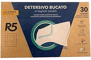 R5, Detersivo Bucato in Foglietti Solubili, 30 Lavaggi, Detersivo in Fogli con Enzimi per Lavatrice o Lavaggi a Mano, per Capi Bianchi e Colorati, Profumo Fiori di Lino, Eco-Formato