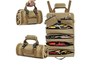 Adiwo Bolsa herramientas, Bolsa Multiusos Enrollable, Organizador de Rollos de Herramientas con 6 bolsillos con cremallera, Tejido Oxford 600D, Para Carpinteros Electricistas Electricistas (Caqui)