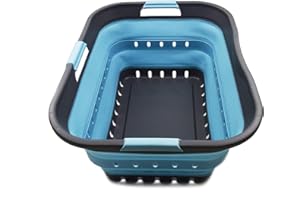 SAMMART 42 Litri Cesto portabiancheria, in plastica, pieghevole, con 3 manici, portatile, salvaspazio (1, grigio/azzurro chiaro)