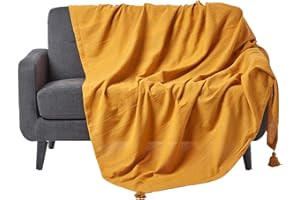 Homescapes Koc Rajput żółty – lekki koc bawełniany, 150 x 200 cm, narzuta dzienna ze 100% bawełny, ręcznie tkana, ze strukturą w paski, narzuta na kanapę, z frędzlami, Öko-Tex