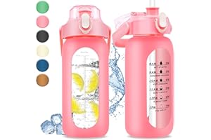 BYMUGO 1 litrowa szklana butelka na wodę ze znacznikiem czasu, 1000 ml, duże sportowe motywacyjne butelki na wodę z uchwytem i silikonowym etui, 1 litrowa szczelna butelka na napoje na siłownię, fitness,