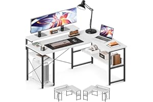 ODK Biurko narożne, dwustronne, w kształcie litery L, ze stojakiem na monitor, biurko z regałem, białe, 137 x 102 cm