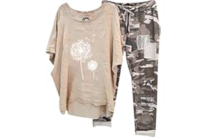 CHNNAMZU Ensemble Lin Femme été 2 Pièces Ensemble De VêTements Fluide Col Rond Imprimé T-Shirt Manches 3/4 + Pantalon Large Taille Haute D'IntéRieur Jogging Chic Grande Taille Casual Tenue De Sport