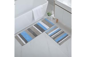 ‎HOMAXY Homaxy rutschfest Badematten Set 2 teilig Mikrofaser Saugfähige Badteppich Set Weich Hochflor Badvorleger Set –40 x 60 cm + 40 x 120 cm, Blau/Grau
