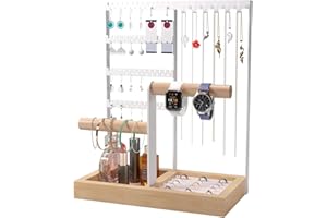 Benxdara Porte Bijoux Femme, Présentoir Arbre à Bijoux Porte Boucle d'Oreille à 4 Niveaux, Présentoir Collier avec Plateau et Crochets pour Chaînes, Bagues, Bracelets, Montres, Blanc