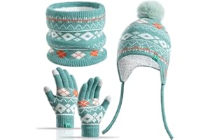Yaopelky Juego de 3 piezas de invierno para niños con forro polar y gorra, polaina para el cuello, guantes para 3-8 años con pompón, cálidos, pantalla táctil, nieve, escuela, uso al aire libre