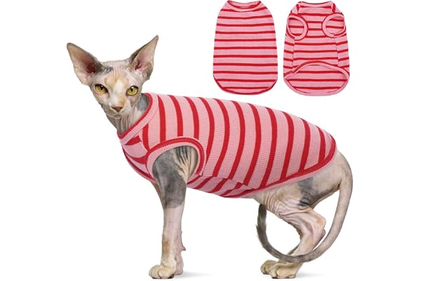 OUOBOB Sphynx Vêtements pour chat, T-shirts respirants sans poils pour chat, t-shirts à rayures sans manches, pull-over pour chat, vêtements d'été pour animaux de compagnie pour Sphynx, Cornish Rex,