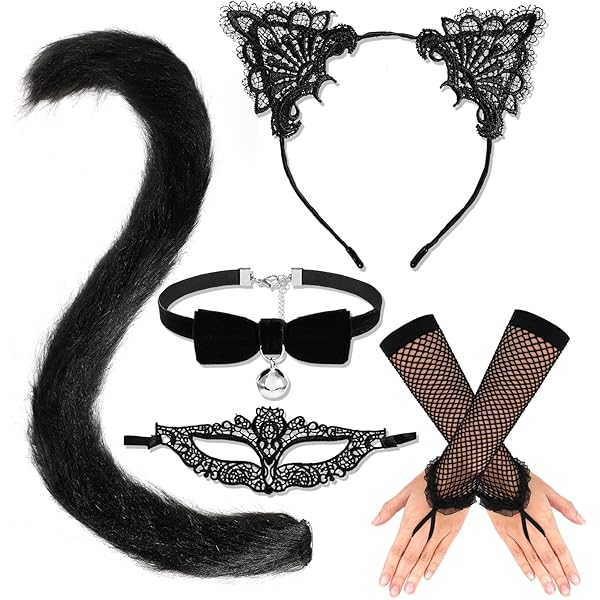XEPST Catwoman kostuum voor dames, kat cosplay set met belletjes halsketting, kattenoren haarband, kant maskerade maskers voor vrouwen meisjes cosplay kostuumfeest Halloween decoratie carnaval