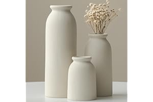 VIVIDFLOW Set of 3 Small Ceramic Vases for Home Decor & Table Centrepieces, Rustic Farmhouse Style, Mini Decorative Flower Vases (Beige)