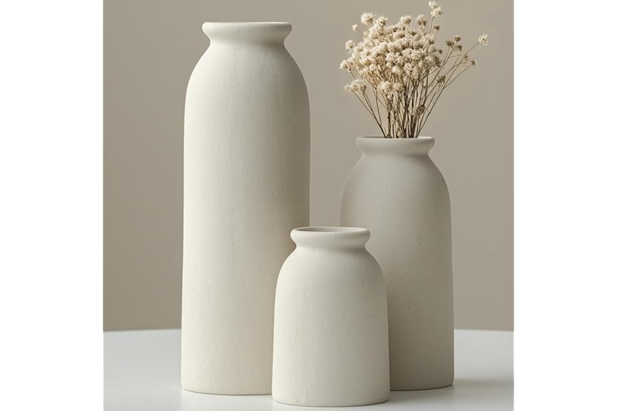 Set of 3 Small Ceramic Vases for Home Decor & Table Centrepieces, Rustic Farmhouse Style, Mini Decorative Flower Vases (Beige)