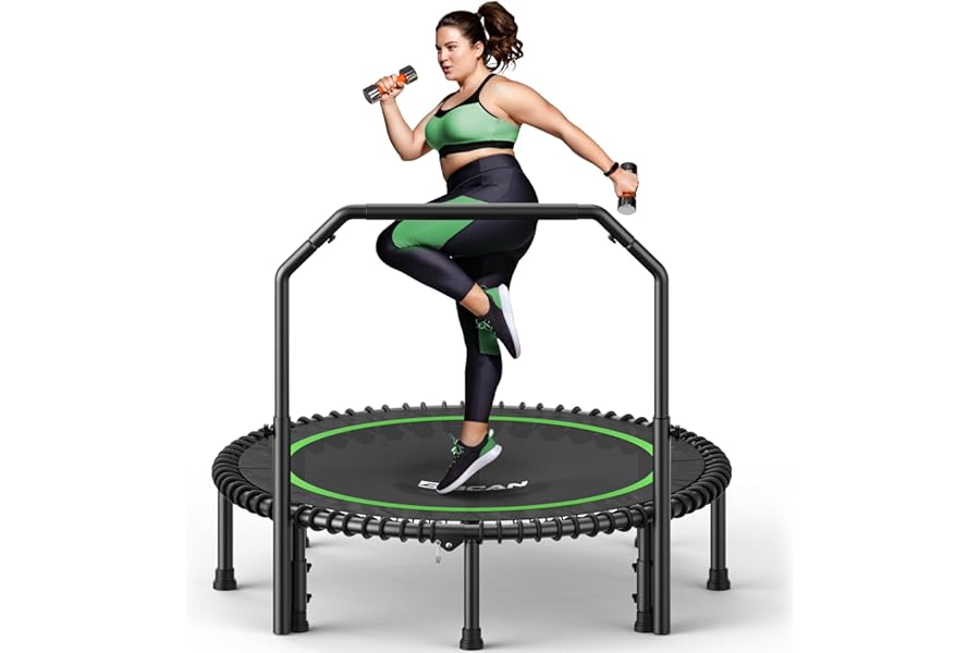 B BCAN 40/48'' Rebounder Trampoline for Adults, 204/250kg Foldable Mini Trampoline with Adjustable Foam Handle, Mute & Pre-assembled Fitness Trampette Indoor