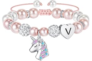 TINGN Bracelet Licorne Cadeaux pour Filles – Perles Roses et Boules de Strass Bracelet Licorne Coeur avec Lettres Arc-en-Ciel CZ Licorne Bracelets Bijoux Filles Cadeaux pour Filles Bracelet Fille