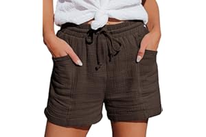 NUOKE Shorts Damen 2025 Sommer Leinen Musselin Kurze Hose Beach Mit Taschen Mode Lässige Stoffhose Freizeit Stretch Gerades Bein Kordelzug Leinenhose