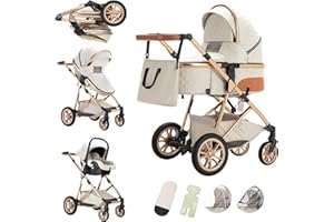 Lnhcrbs Kinderwagen 3 in 1, Kinderwagen Faltbarer Schlafkorb, Bergsteiger Kinderwagen, Verstellbarer Griff, Die Autositze Entsprechen Der ECE R129, Regenschutz Und Moskitonetz, 0-3 Jahre