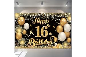 YONTREE Happy 16th Birthday Banner - Gold 1.1 x 1.8m, Perfect for Boys & Girls 16th Birthday Party Decorations