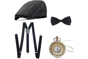 Wagoog 1920s Herren Accessoires Mafia Gatsby Kostüm set Inklusive Panamahut Verstellbar Elastisch Hosenträger Herren Halsschleife Fliege und Vintage Taschenuhr