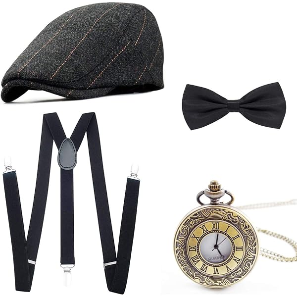 20er Jahre Kostüm-Set Für Herren – Mit Panama-Hut, Hosenträgern, Taschenuhr & Fliege