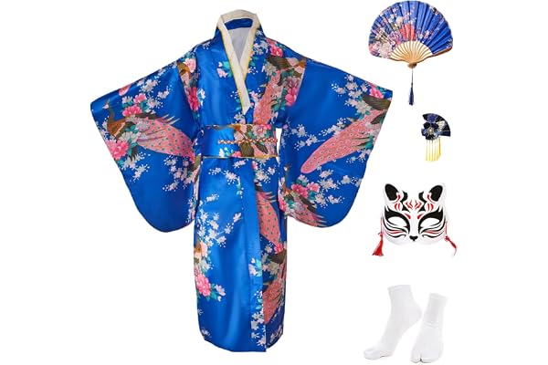 KRUIHAN Kimono Enfant Deguisement Japonaise Fille Robe Japonaise pour la Fête et le Spectacle,Satin Cosplay Anime avec Eventail Pliant,Chaussettes Tabi,Masque de Renard et Epingle à Cheveux