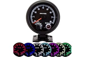 LONGZHUO 3.75 inch 7 color 12V Electronical 0-8000 RPM Tachometer Rev Counter Gauge with Adjustable Shift Light Fit for 12V Diesel Vehicles,4‑Cylinder,6‑Cylinder and 8‑Cylinder Engines