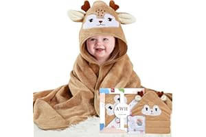 ZXK CO Hooded Baby Towel with Deer Hood, Absorbent Flannel Baby Blanket Set with Muslin Squares, New Born Essentials, Personalised Newborn Gift（Brown）