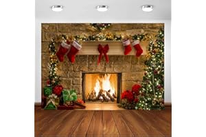 Avezano 8x6ft Christmas Fireplace Backdrop Xmas Socks Tree Gift Decorations Party Supplies Christmas Eve Fireplace Photography Background