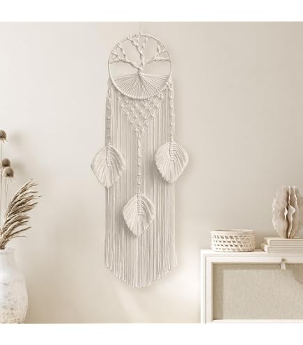 Attrape-rêves Macramé Blanc Bohème GORGECRAFT - Grand Modèle 76cm Avec Pompons Et Perles Bois - Décoration Murale Chic