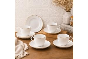 Femora Ceramic Gold Line Diamond Cut White Cup 6 Pcs with Saucer Set of 6 Pcs Tea/Coffee Cups 200 ml | Crockery Set Ideal for Daily Use & Gifting, White