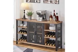 FATORRI Industrial Wine Bar Cabinet for Liquor and Glasses, Farmhouse Wood Coffee Bar Cabinet with Wine Rack, Metal Sideboard and Buffet Cabinet (55 Inch, Rustic Oak)