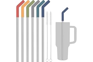 Tomorotec 6 słomek ze stali nierdzewnej z silikonowymi końcówkami, pasują do kubka Stanley, 33 cm, zestaw słomek wielokrotnego użytku z kolorowymi przedłużaczami i 2 szczotkami, kompatybilne z