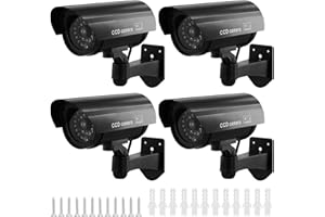 QWORK® 4 Pack Black Dummy Security Cameras with Red Flashing Light, Waterproof Bullet Shape, Outdoor Indoor Use, Includes CCTV Signs and Screws, No Batteries Included